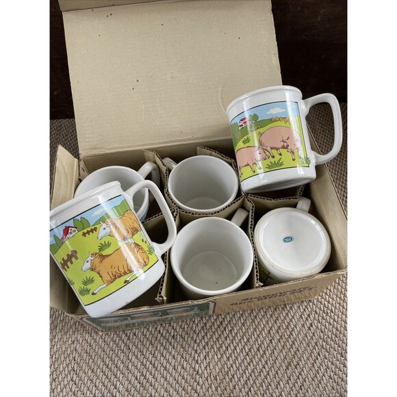 Vintage Fred Roberts Co. Country Farm Animals Stoneware Cups Mugs Set of 6 NIB - Picture 4 of 7